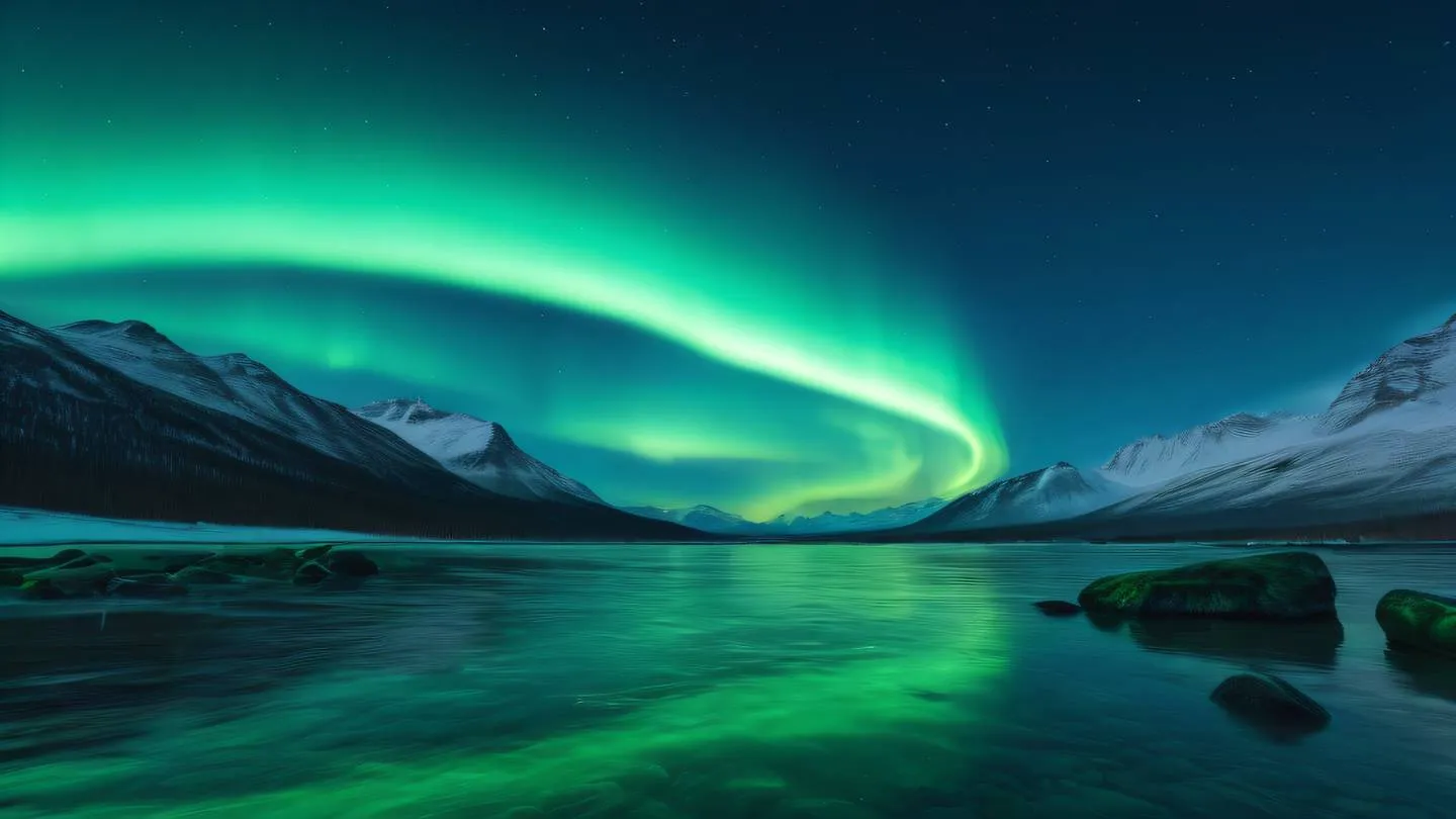 Ethereal aurora borealis sweeping across a starlit sky with vibrant streams of bright cyan and electric green dancing in waves reflecting off a crystal-clear lake surface high-quality ultra-realistic cinematic 8K UHD high resolution sharp and detail