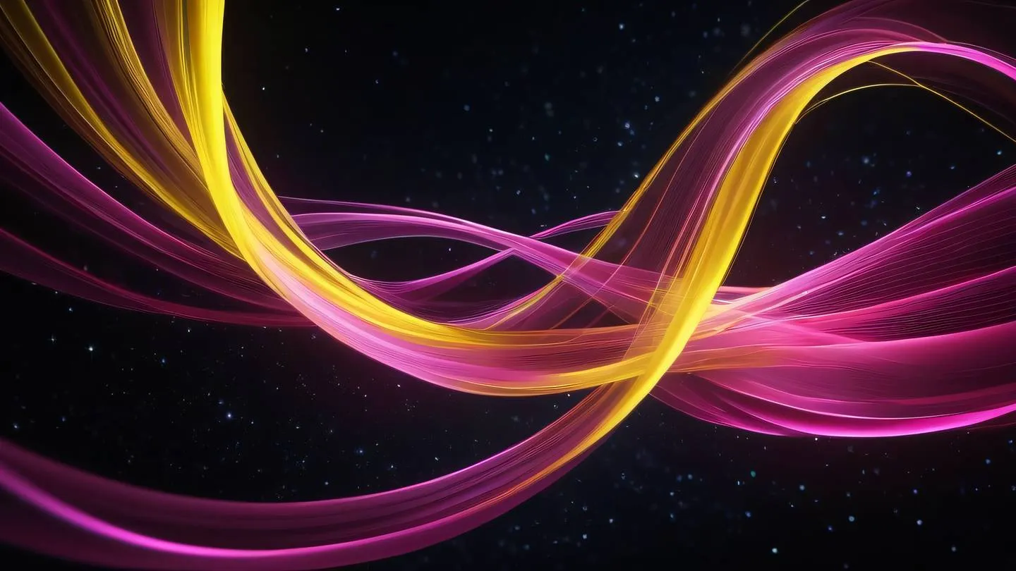 Abstract flowing waves of digital energy vibrant yellow and pink ribbons intertwining in a cosmic dance against a dark background representing real-time data flow high-quality ultra-realistic cinematic 8K UHD high resolution sharp and detail