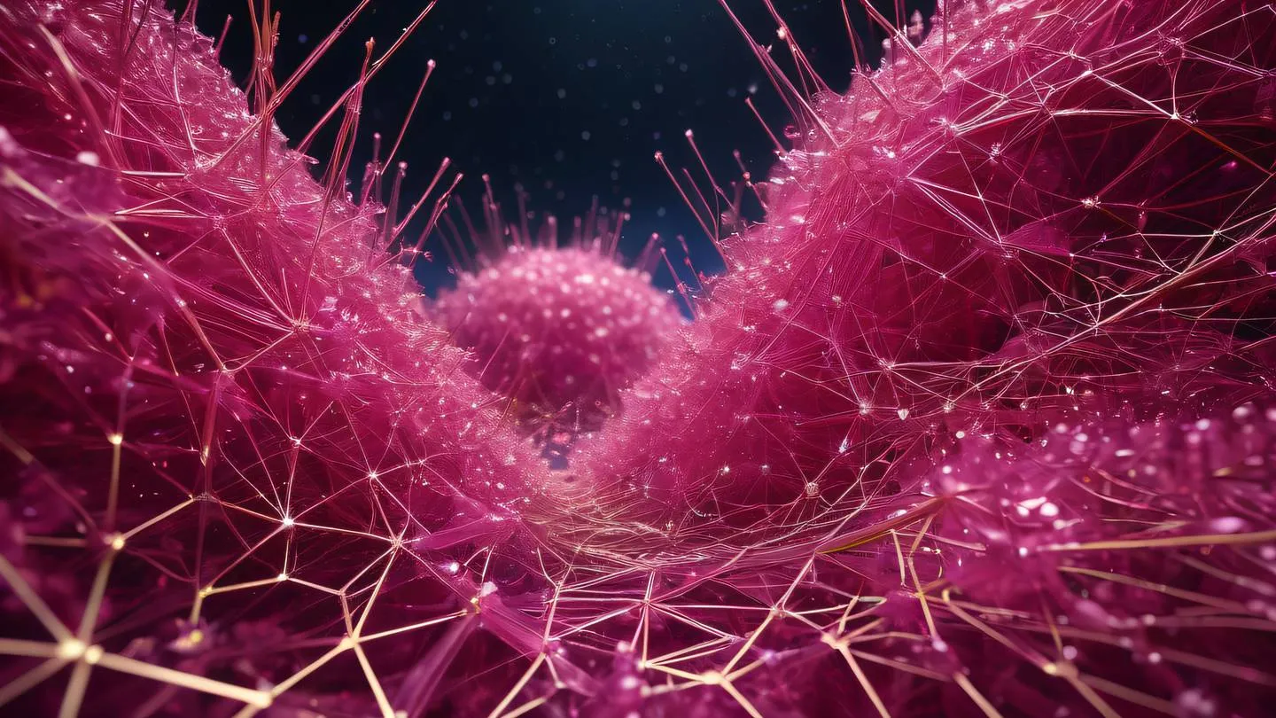 Crystalline structures in bright pink and gold forming intricate networks representing interconnected systems floating in space high-quality ultra-realistic cinematic 8K UHD high resolution sharp and detail