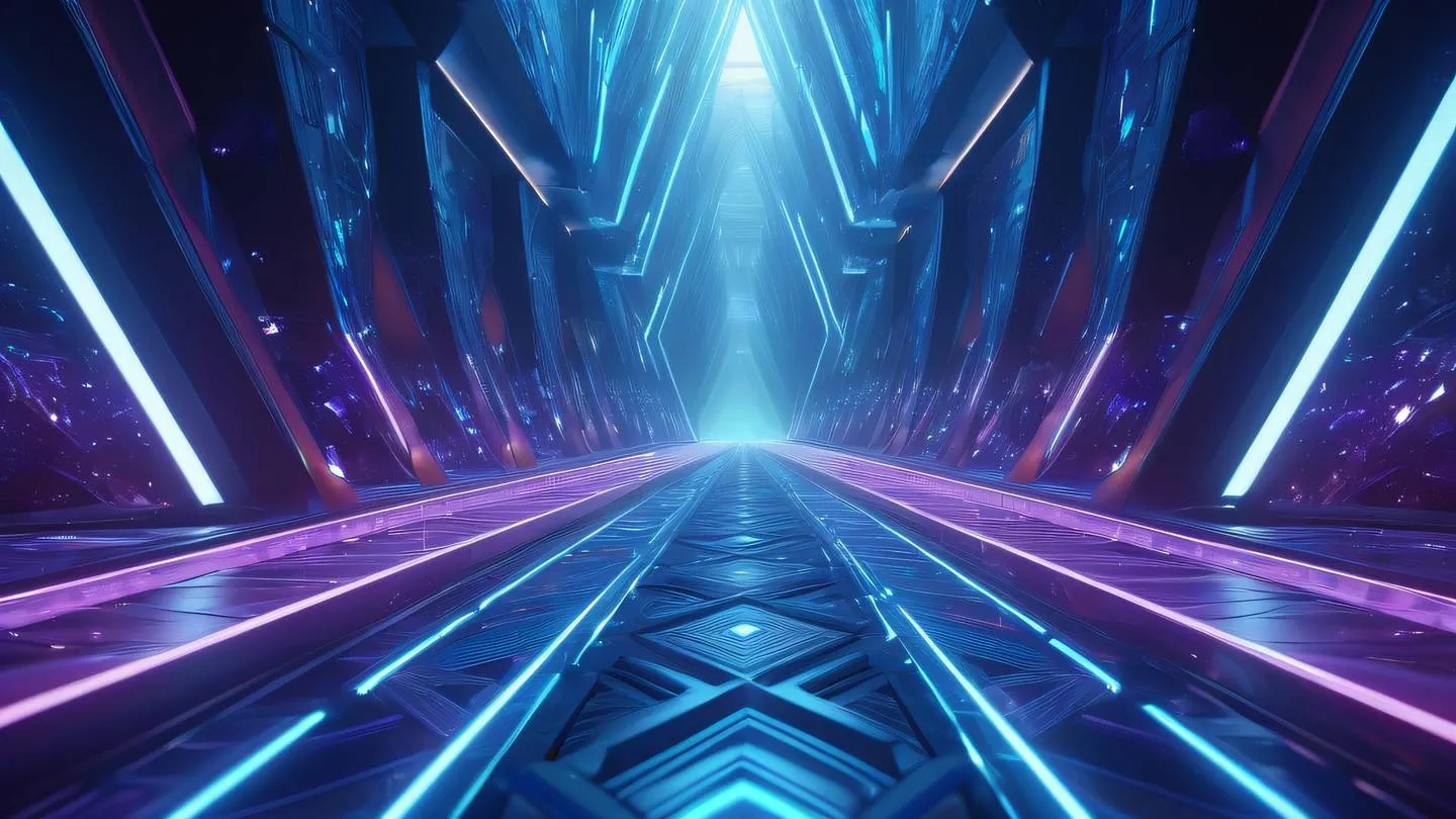 A futuristic abstract pathway splitting into multiple geometric paths rendered in bright holographic blues and violets with glowing crystalline structures along the edges ultra-realistic cinematic 8K high resolution sharp and detailed