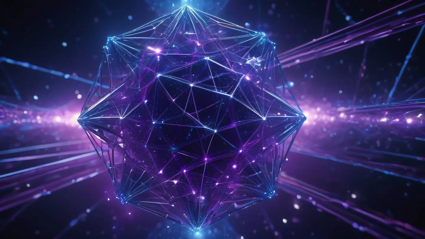 Abstract crystalline network structure floating in space interconnected nodes glowing with bright violet and electric blue energy streams geometric patterns high-quality ultra-realistic cinematic 8K UHD