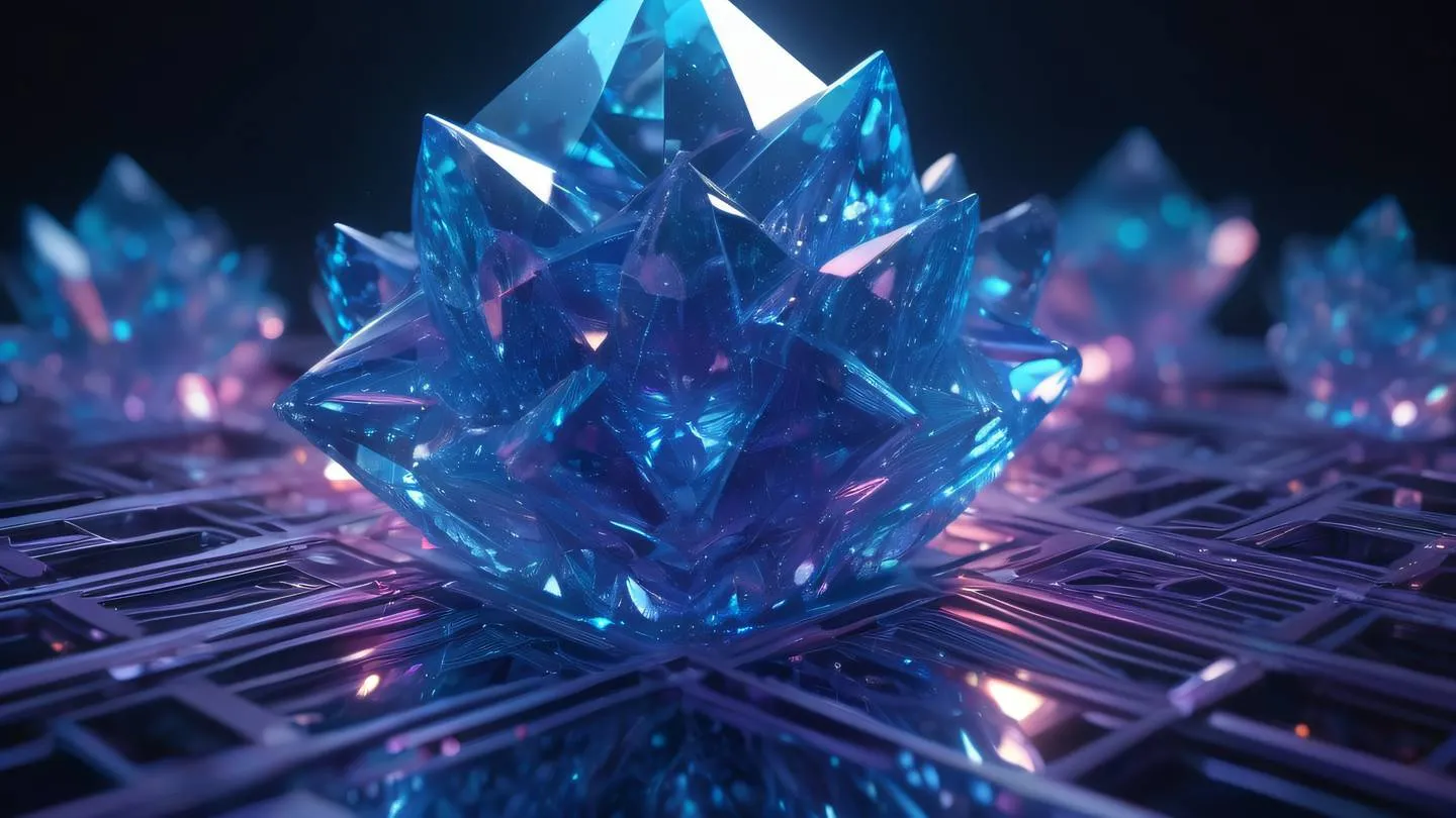 A complex geometric crystal formation with bright holographic reflections showing intricate pathways and connections rendered in bright blues and violets with glowing edges high-quality ultra-realistic cinematic 8K