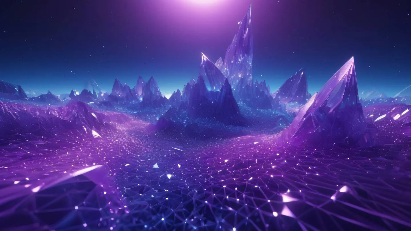 Ethereal abstract landscape made of interconnected crystalline structures featuring flowing gradients of bright violet and electric blue with geometric light paths weaving through the composition high-quality ultra-realistic cinematic 8K UHD sharp and detailed