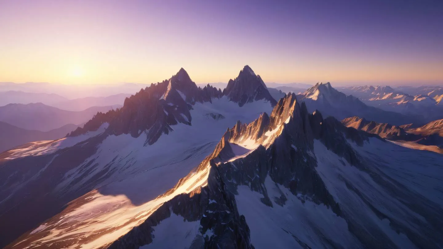 Crystalline mountain peaks bathed in warm golden sunlight wispy clouds streaming between peaks with touches of bright purple in the sky aerial perspective high-quality ultra-realistic cinematic 8K UHD high resolution sharp and detail