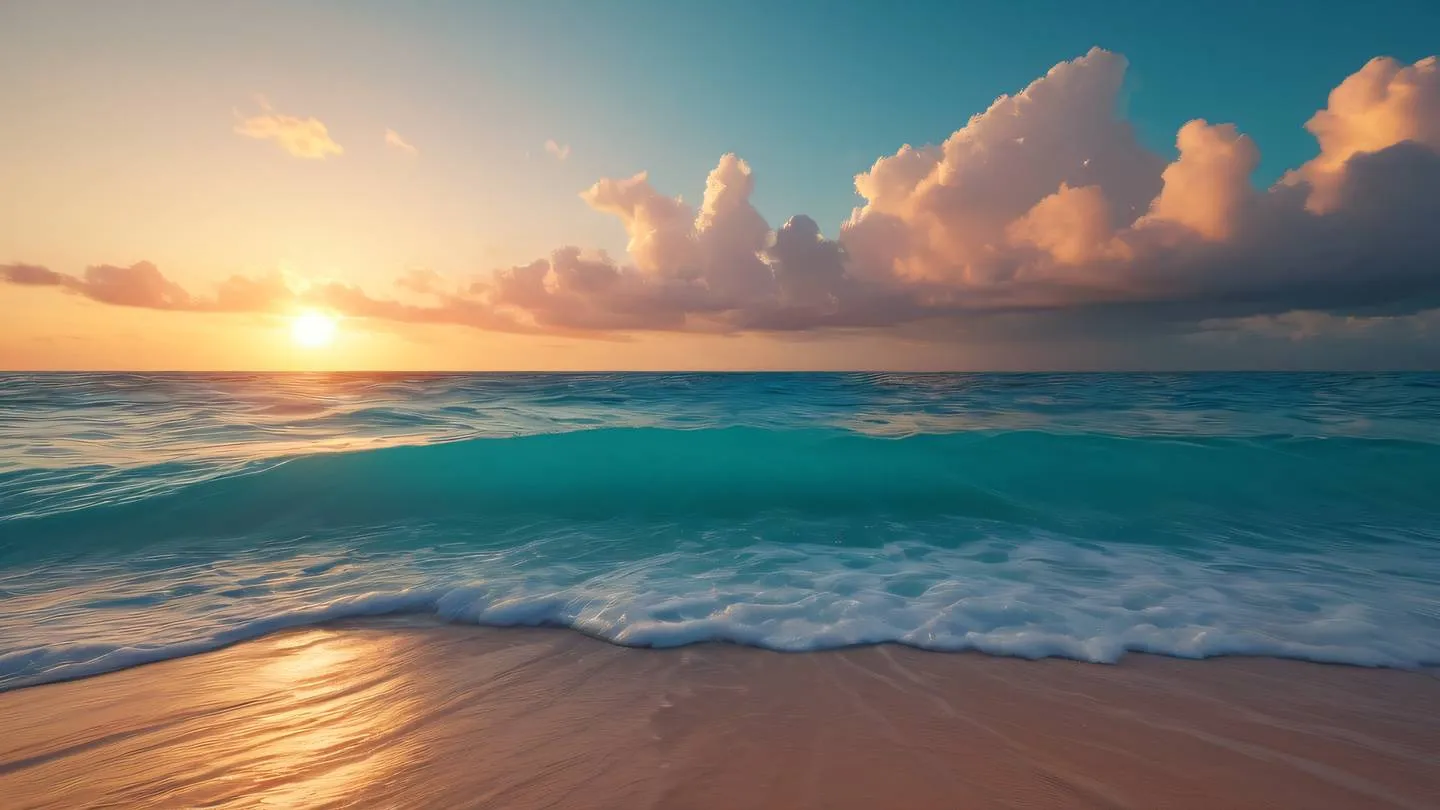 Tranquil tropical beach at sunset waves creating geometric patterns in bright turquoise water scattered clouds illuminated in warm orange and indigo hues high-quality ultra-realistic cinematic 8K UHD high resolution sharp and detail