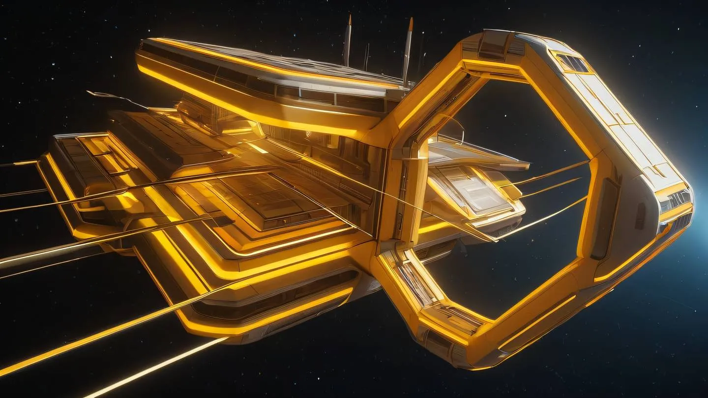 A futuristic abstract architectural structure floating in space featuring sleek geometric shapes interconnected by glowing energy lines rendered in bright mustard yellow and warm orange tones high-quality ultra-realistic cinematic 8K UHD high resolution sharp and detail