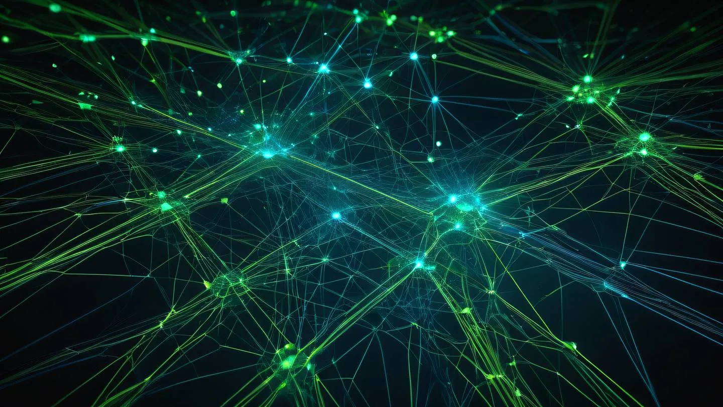 Abstract technological network visualization with interconnected nodes and pathways featuring bright lime green and electric blue colors against a dark backdrop high-quality ultra-realistic cinematic 8K UHD high resolution sharp and detail