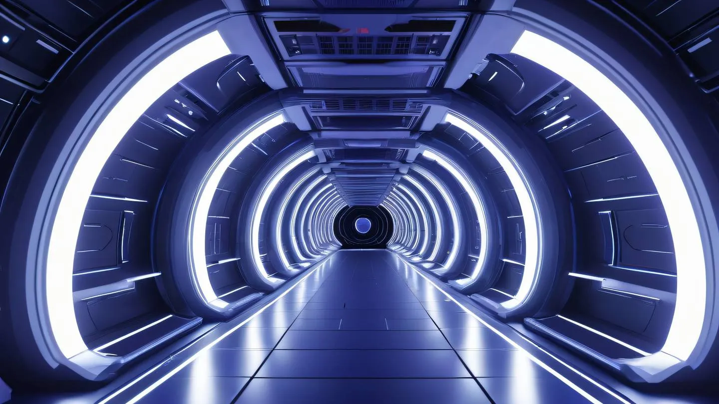 Modern abstract space station interior with curved corridors and geometric patterns illuminated in bright indigo purple and electric white lights high-quality ultra-realistic cinematic 8K UHD high resolution sharp and detail