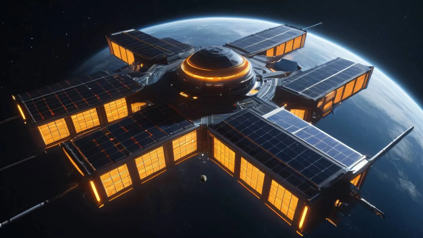 Futuristic orbital space station with solar panels and communication arrays glowing with warm golden and bright orange lights against the dark cosmos high-quality ultra-realistic cinematic 8K UHD high resolution sharp and detail