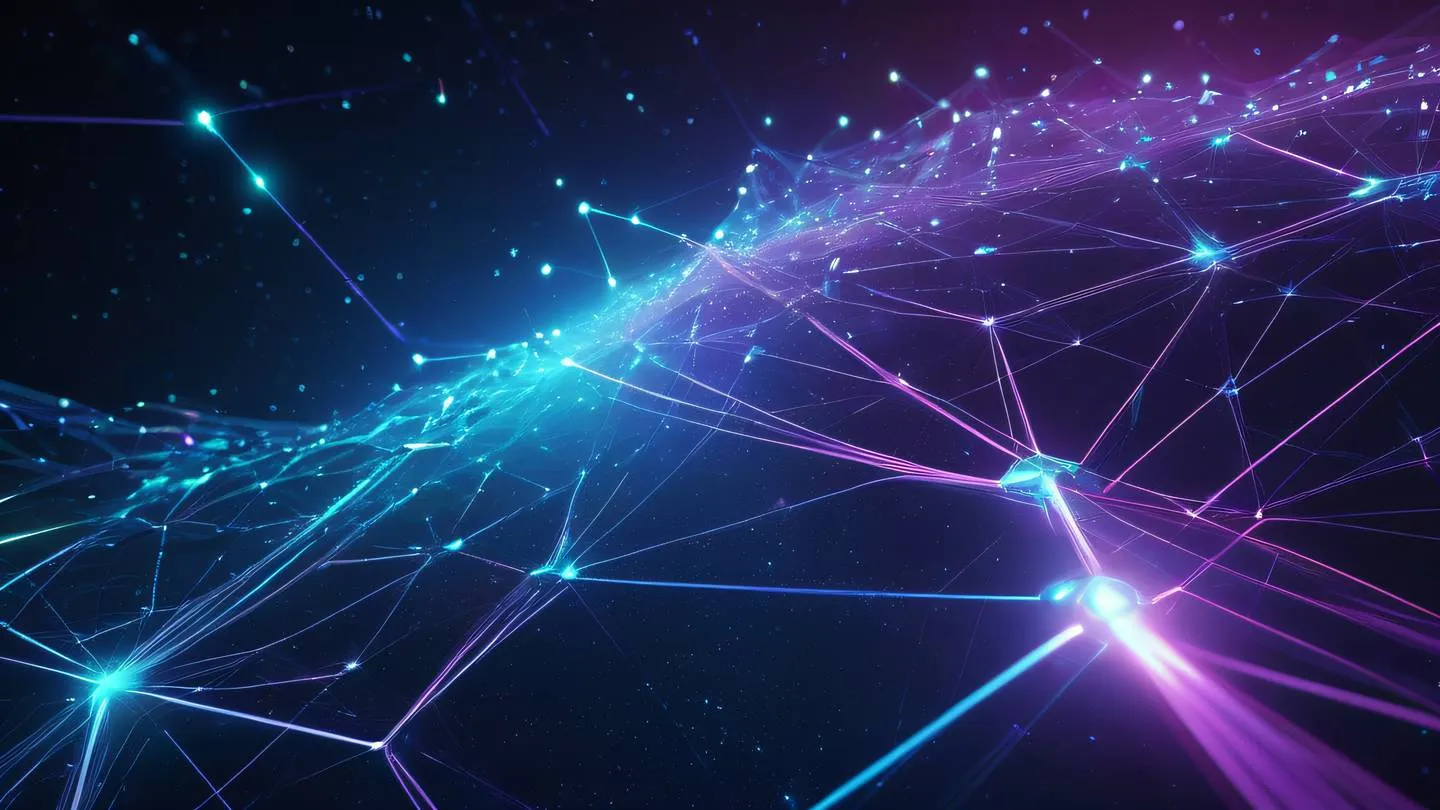 Abstract futuristic network connections floating in space with bright iridescent purple and cyan light streams flowing between geometric nodes representing edge computing architecture ultra-realistic cinematic 8K UHD high resolution sharp and detail