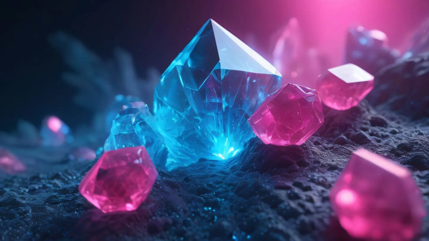 Geometric crystal formations emerging from a misty background with neon pink and electric blue gem-like structures interconnected by glowing lines representing distributed edge networks high-quality ultra-realistic cinematic 8K UHD high resolution sharp and detail