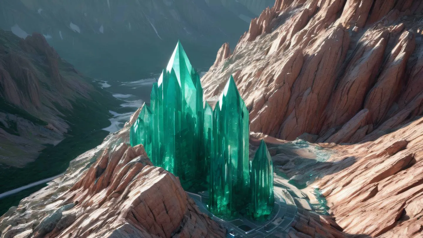 Modern crystalline structures rising from a rocky mountain base with rose gold and emerald green colors swirling through transparent layers symbolizing edge computing infrastructure high-quality ultra-realistic cinematic 8K UHD high resolution sharp and detail