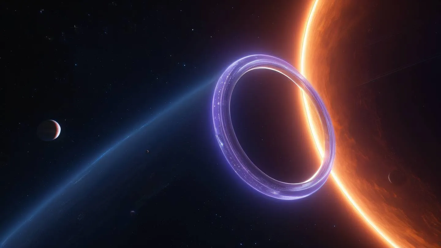 Ethereal planetary rings composed of translucent geometric shapes glowing with iridescent orange and violet colors against a deep space background representing global edge network distribution high-quality ultra-realistic cinematic 8K UHD high resolution sharp and detail