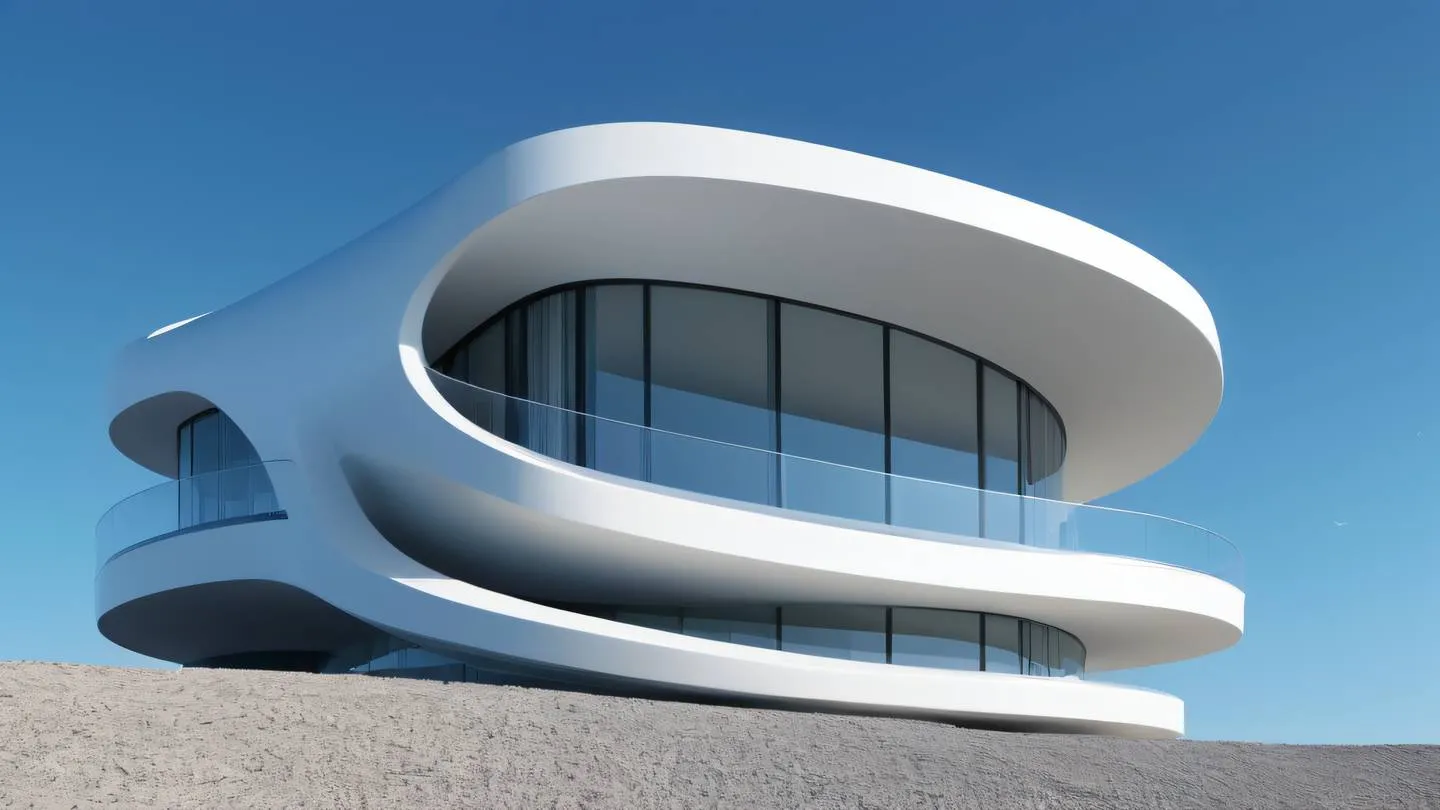 Modern minimalist architectural structure with flowing curves and glass surfaces featuring bright dusty blue and white tones against clear sky shot from low angle perspective high-quality ultra-realistic cinematic 8K UHD high resolution sharp and detail