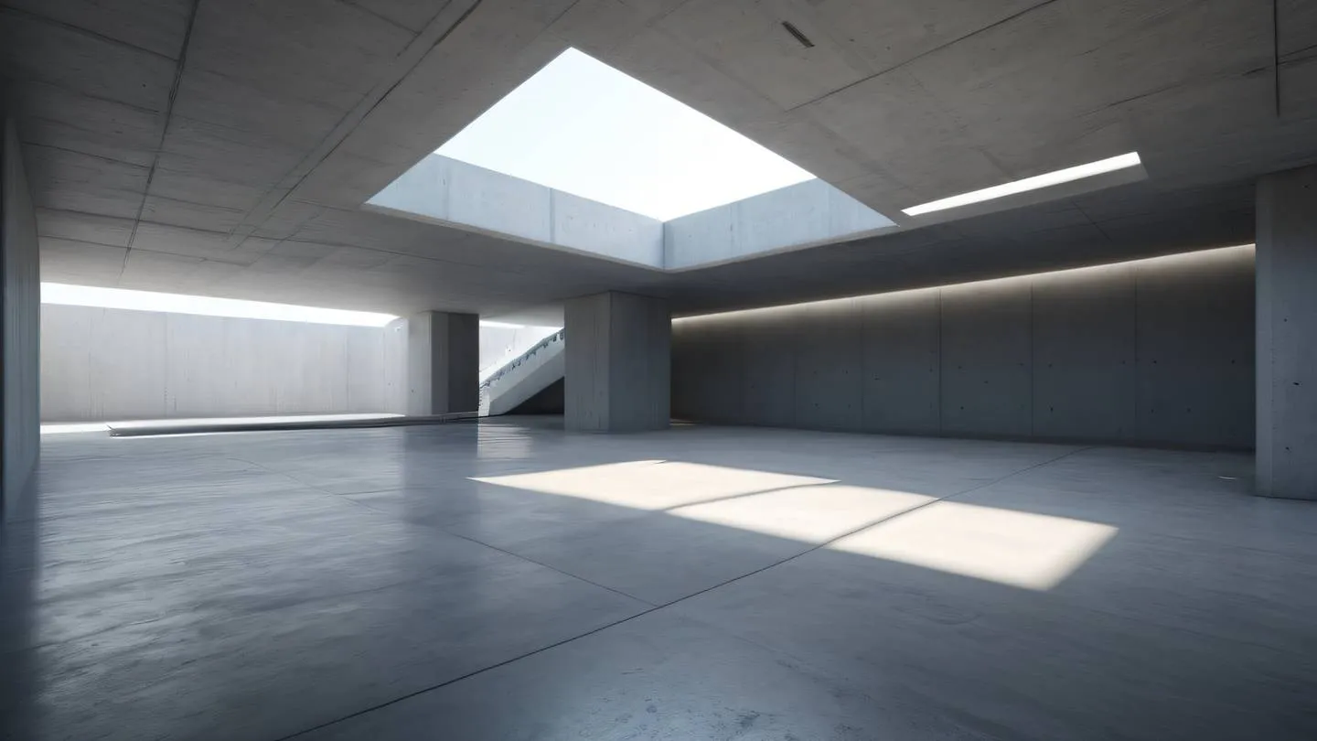 Futuristic architectural interior with smooth concrete surfaces and dramatic shadows featuring bright whites and concrete greys photographed from diagonal perspective high-quality ultra-realistic cinematic 8K UHD high resolution sharp and detail