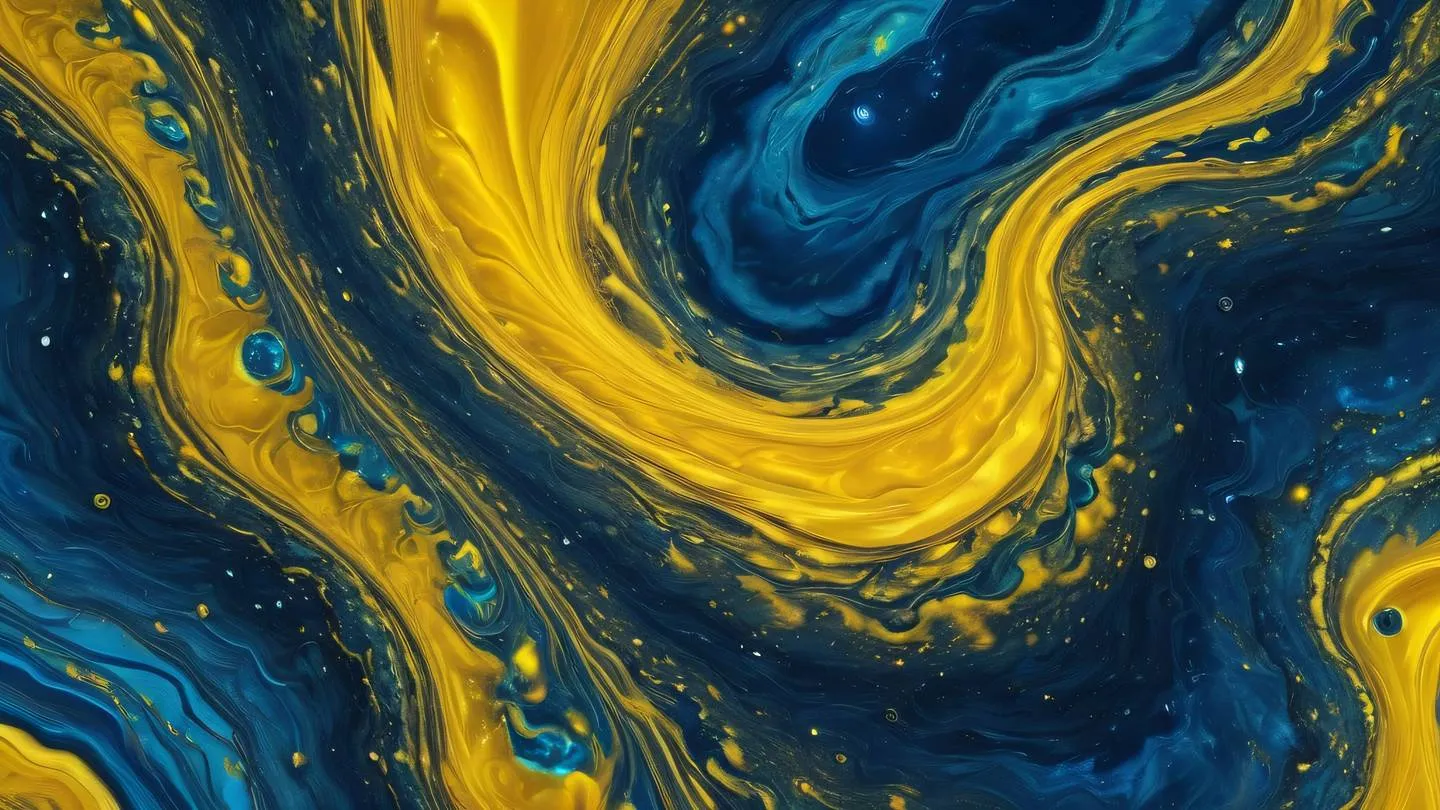 Abstract fluid art with dynamic swirls and waves dominant colors of sunshine yellow and sapphire blue intertwining in a cosmic pattern viewed from top-down perspective high-quality ultra-realistic cinematic 8K UHD high resolution sharp and detail