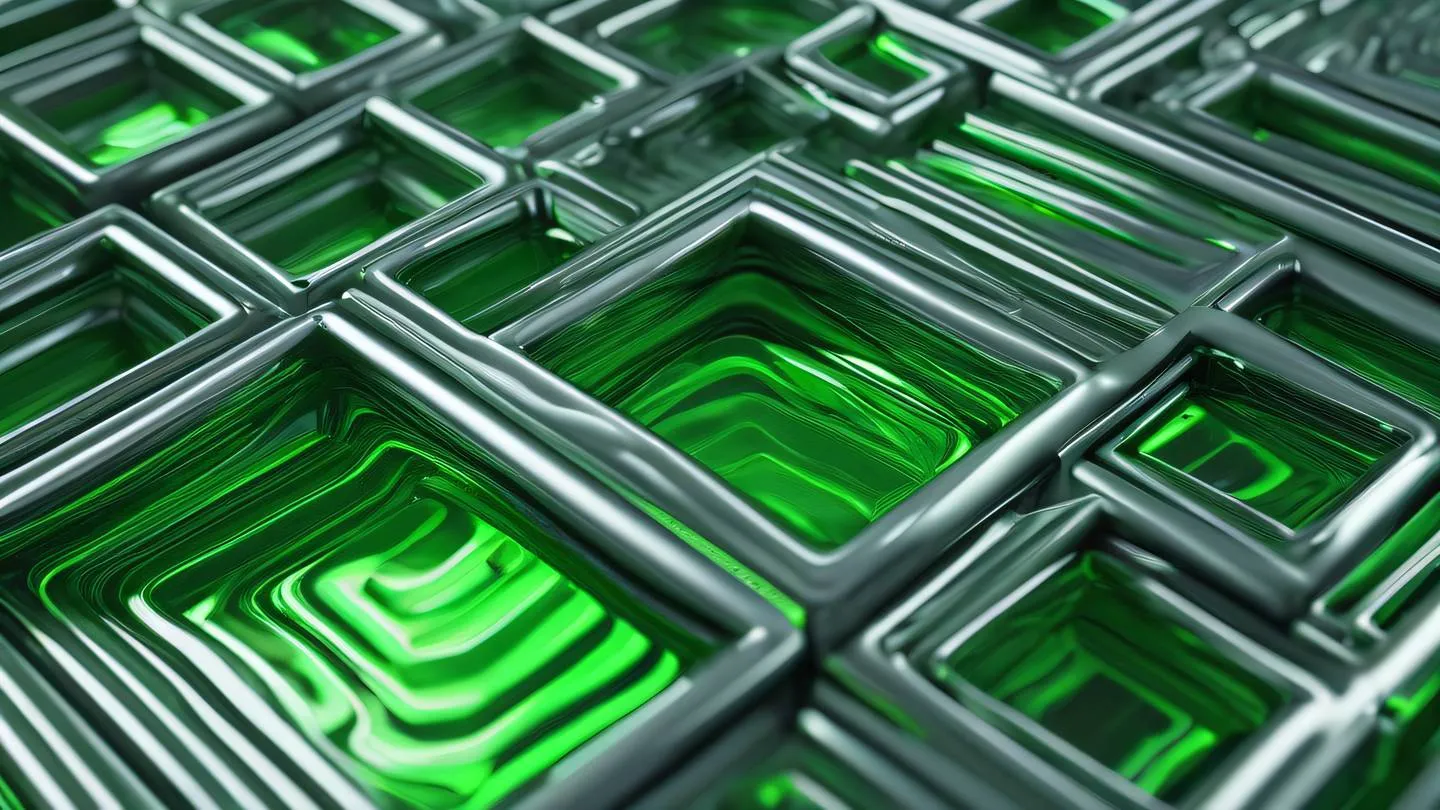 Smooth flowing metallic liquid forming geometric patterns metallic silver and fluorescent green colors creating a modern technological aesthetic captured from a 45-degree angle high-quality ultra-realistic cinematic 8K UHD high resolution sharp and detail