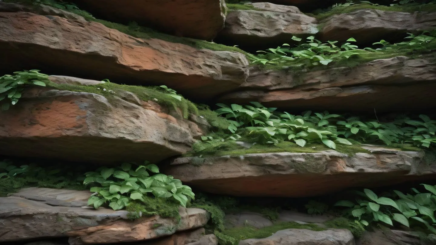 Organic stone texture forming a layered composition rustic terracotta and forest green colors blending naturally shot from a low angle with dramatic lighting high-quality ultra-realistic cinematic 8K UHD high resolution sharp and detail