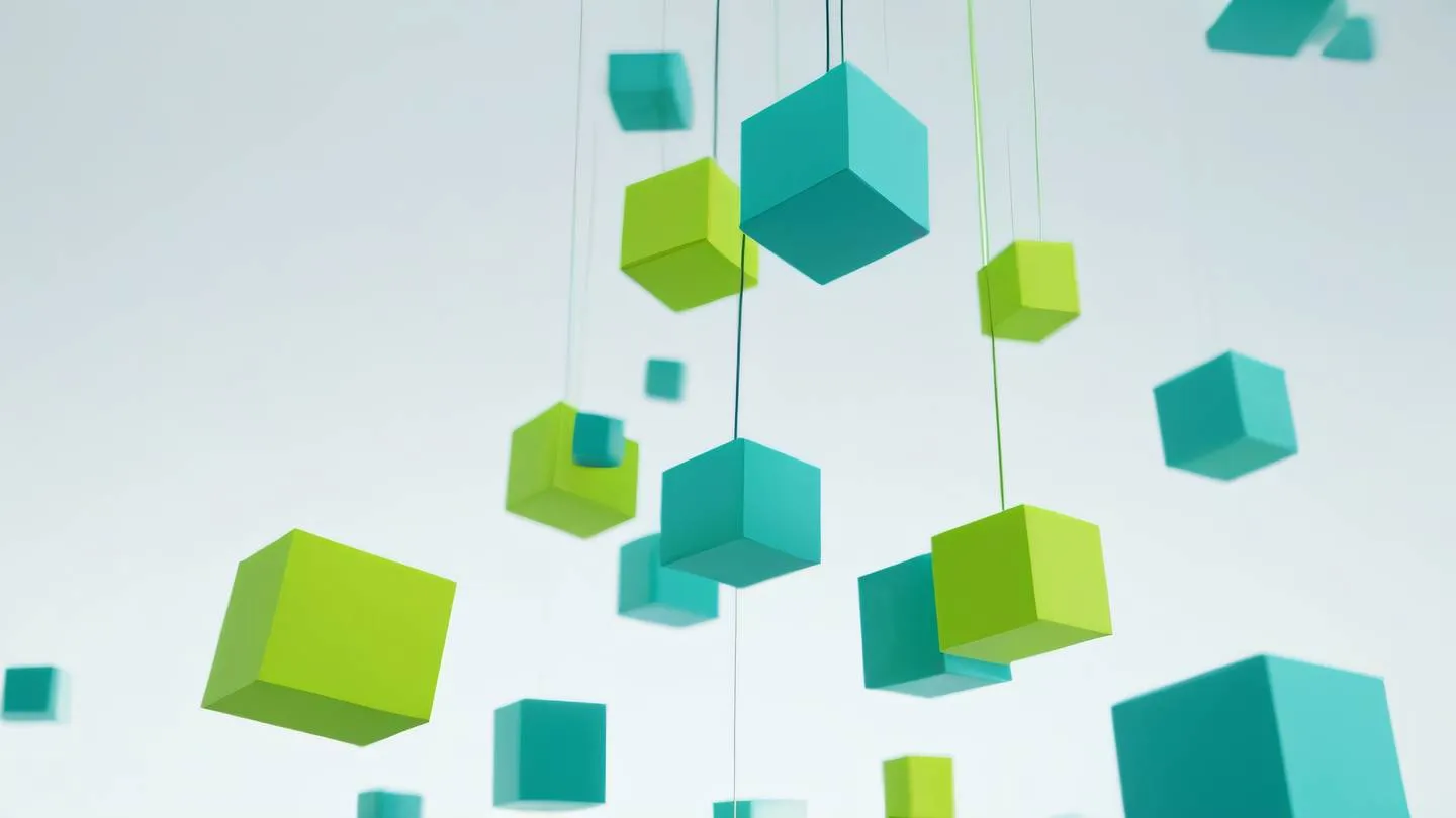 A modern abstract representation of building blocks floating in space with layered geometric shapes in bright teal and lime green colors against a clean white background shot from a low angle perspective high-quality ultra-realistic cinematic 8K UHD high resolution sharp and detail