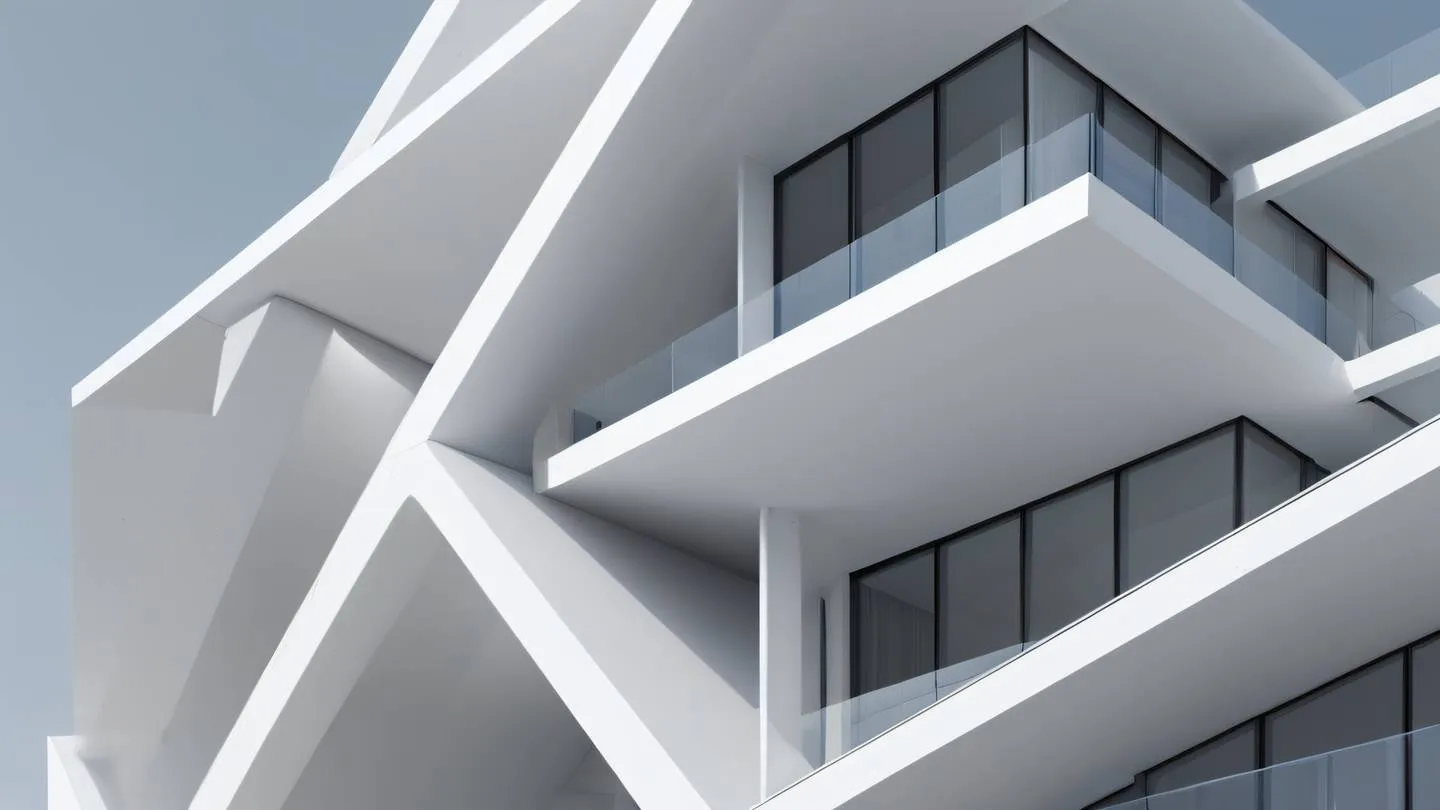 Minimalist architectural structure with interconnected layers featuring clean lines and smooth surfaces in bright stone white and soft gray tones photographed from a diagonal perspective high-quality ultra-realistic cinematic 8K UHD high resolution sharp and detail