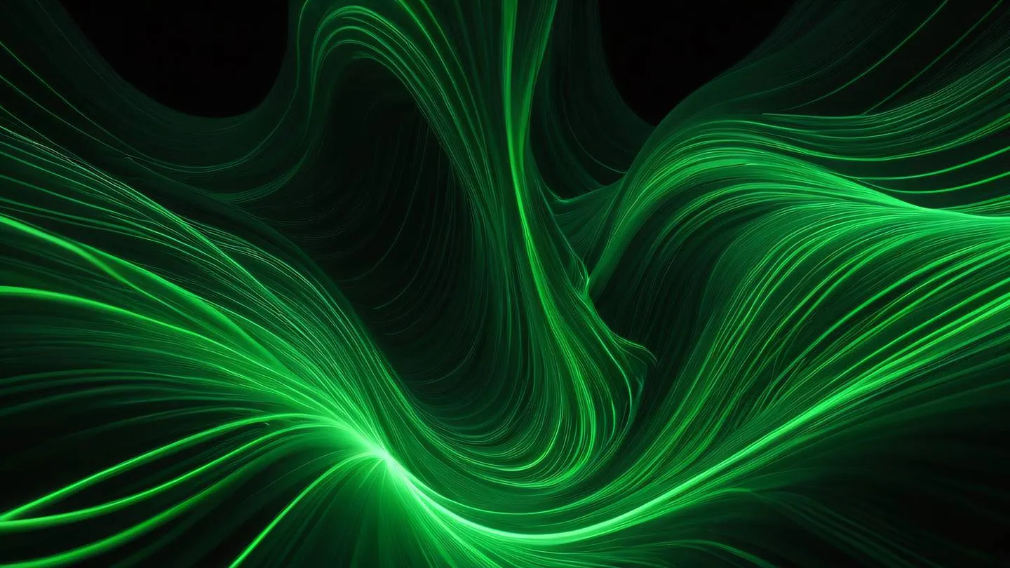 Dynamic abstract composition of flowing energy streams with vibrant neon green and dark forest green elements intertwining against a black background shot from a dutch angle perspective high-quality ultra-realistic cinematic 8K UHD high resolution sharp and detail