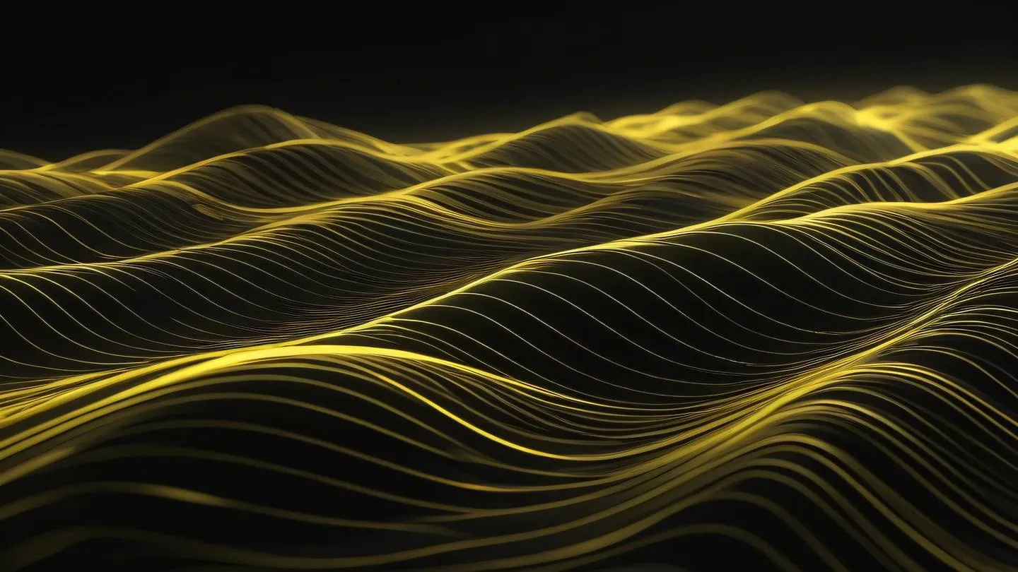 Abstract flowing data streams visualization dynamic waves of binary data moving through space rendered in metallic canary yellow and warm zinc gradients against deep off-black background ultra wide-angle perspective view high-quality ultra-realistic cinematic 8K UHD high resolution sharp and detail