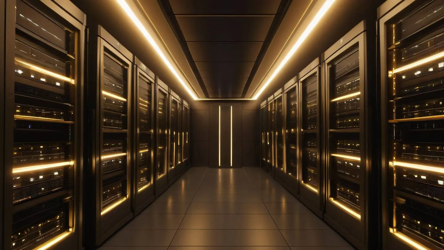 Futuristic server room with glowing data nodes connected by light beams contemporary brown and cream color scheme with golden accent lights low angle shot looking up at towering server racks high-quality ultra-realistic cinematic 8K UHD high resolution sharp and detail