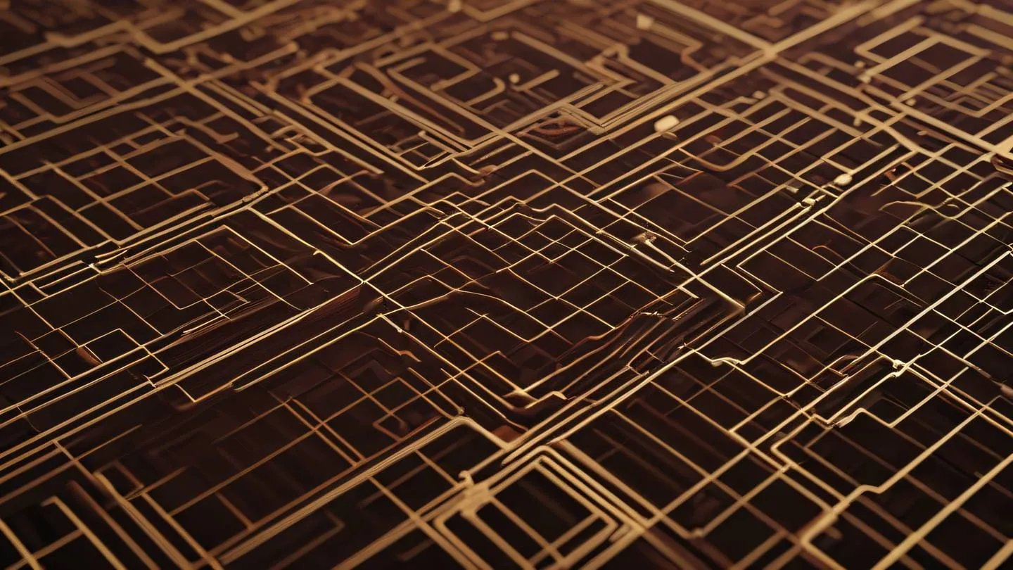 Dynamic network of interconnected geometric shapes representing data flow rich brown and mahogany gradient with cream accents aerial perspective looking down at the pattern formation high-quality ultra-realistic cinematic 8K UHD high resolution sharp and detail