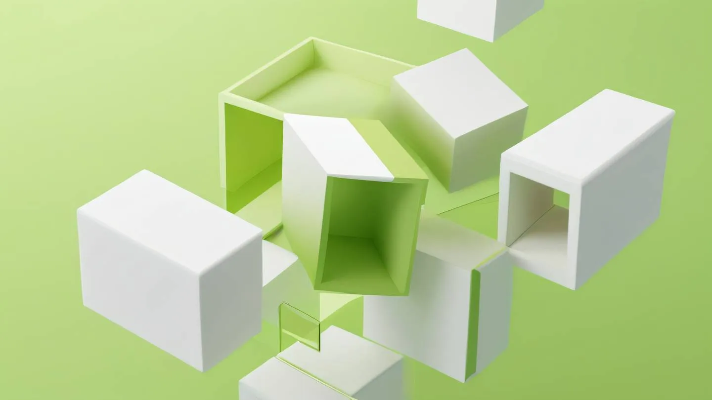 A minimalist abstract composition featuring floating geometric shapes in lime green and whisper white with golden accents representing web development building blocks. Shot from a top-down perspective high-quality ultra-realistic cinematic 8K UHD high resolution sharp and detail