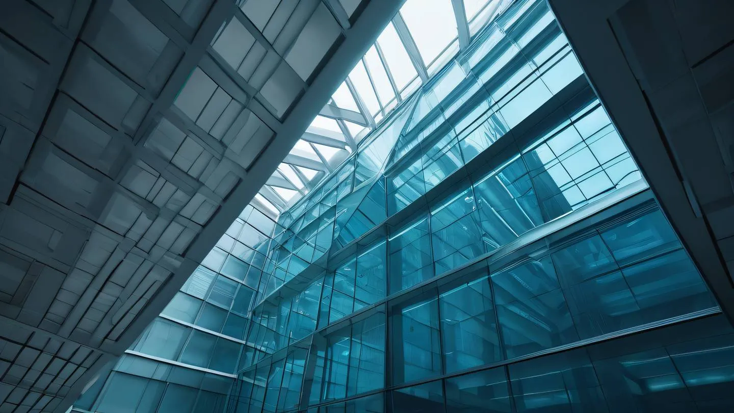 An abstract architectural structure with clean lines and smooth surfaces in breezeway blue and etched glass tones representing the building blocks of web architecture. Shot from a low angle perspective with dramatic lighting high-quality ultra-realistic cinematic 8K UHD high resolution sharp and detail