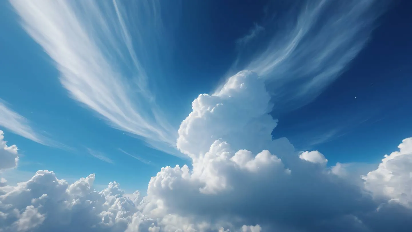 A serene abstract cloud formation with swirling patterns in light blue and cobalt colors ultra-realistic cinematic lighting shot from below looking up at the sky 8K UHD high resolution sharp and detailed