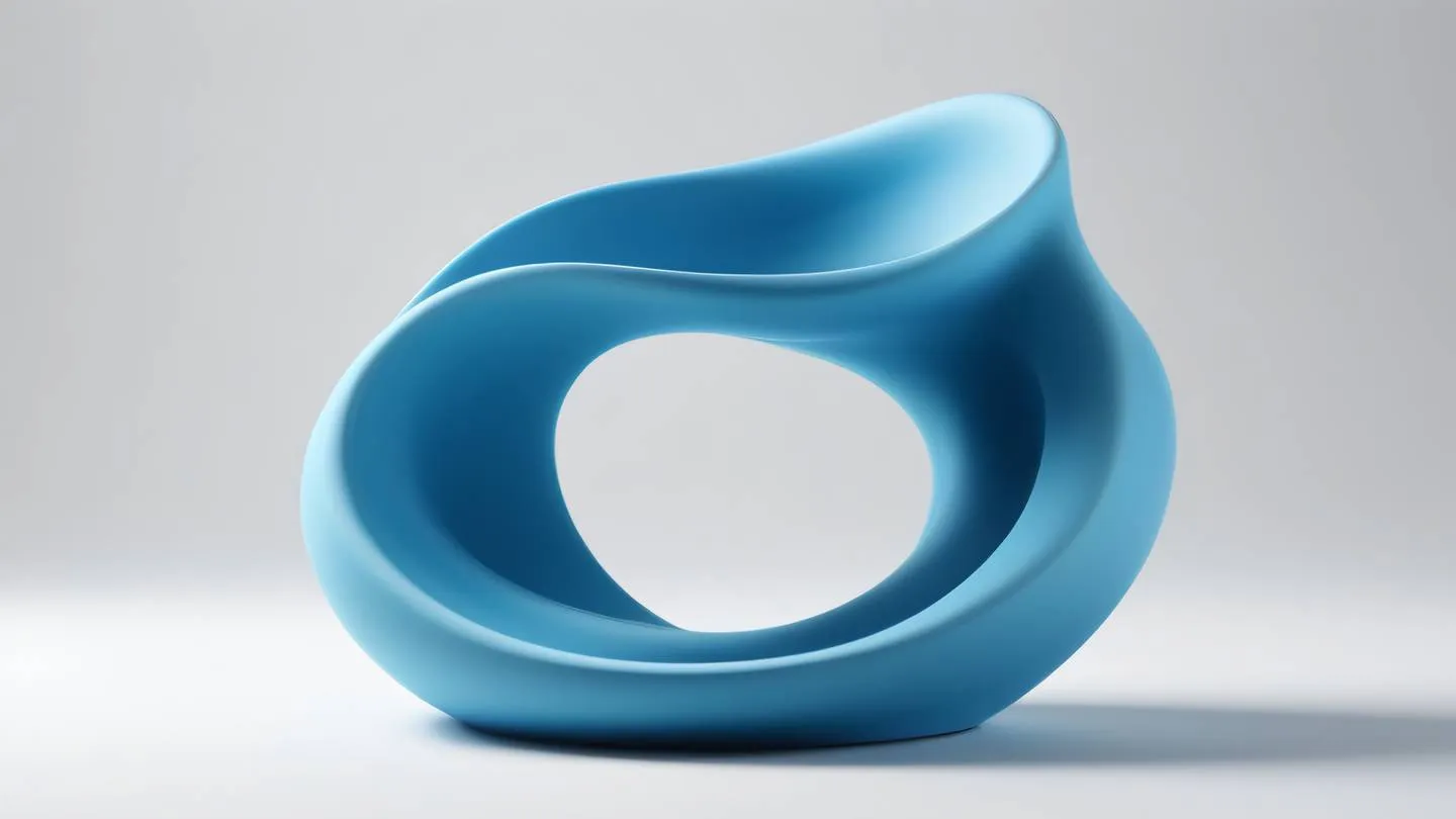 Minimalist clay sculpture of abstract flowing shapes in bright blue tones against white background showcasing smooth curves and organic forms shot from a 45-degree angle with dramatic side lighting high-quality ultra-realistic cinematic 8K UHD high resolution sharp and detailed