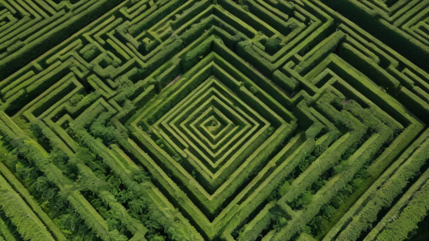 Birds-eye view of a geometric garden maze pattern made from trimmed hedges in walnut and iron colors showing intricate pathways and symmetric designs shot from directly above high-quality ultra-realistic cinematic 8K UHD high resolution sharp and detailed