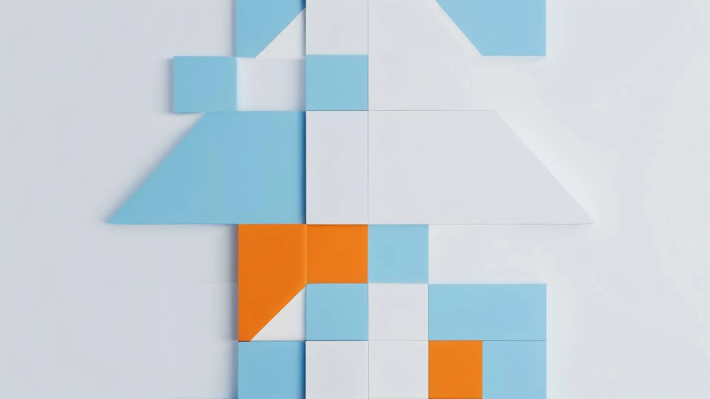 Minimal abstract geometric patterns representing modular design elements featuring clean lines and shapes in bright orange white and soft blue tones. Captured from top-down perspective high-quality ultra-realistic cinematic 8K UHD high resolution sharp and detail