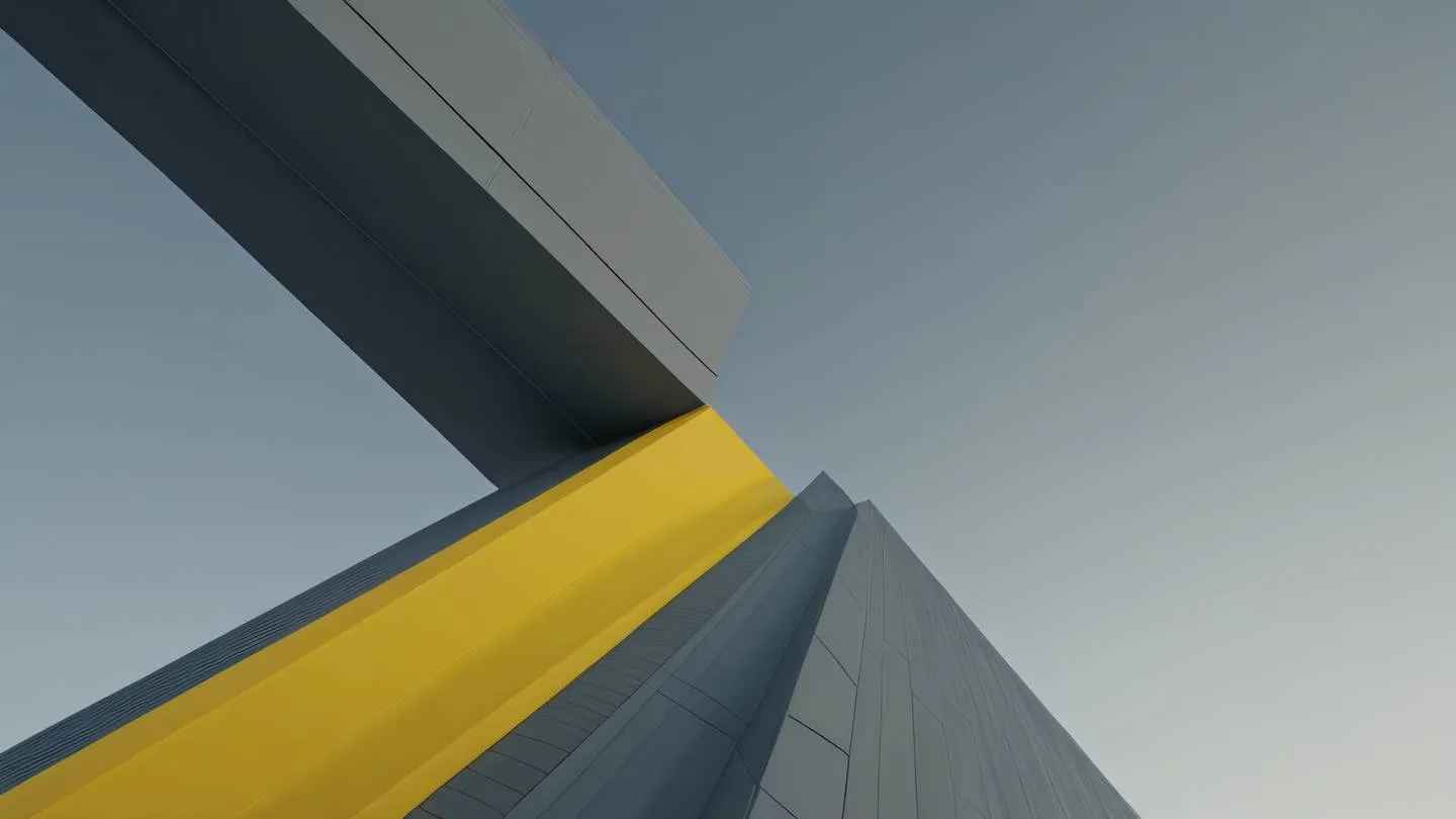 Modern minimalist composition of intersecting planes and surfaces in bright yellow and cool grey tones. Shot from a dramatic low angle perspective high-quality ultra-realistic cinematic 8K UHD high resolution sharp and detail