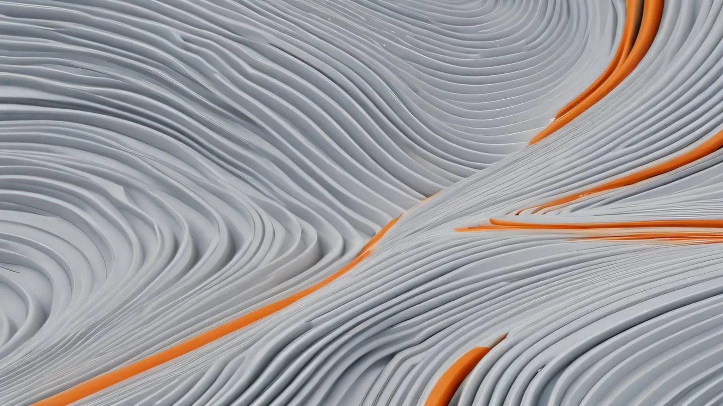 Aerial view of abstract flowing patterns resembling code structure featuring minimalist white light grey and bright orange color palette. Captured from directly above high-quality ultra-realistic cinematic 8K UHD high resolution sharp and detail