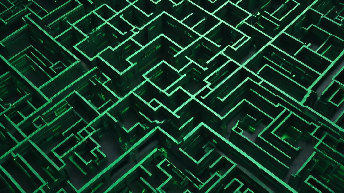 A minimalist architectural maze structure with interconnected pathways viewed from top-down aerial perspective. Bright emerald green pathways against black background. High-quality ultra-realistic cinematic 8K UHD high resolution sharp and detail