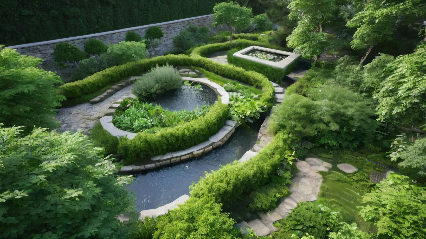 A series of interconnected garden terraces with flowing water features captured from a bird's eye view. Bright green foliage against natural stone pathways. High-quality ultra-realistic cinematic 8K UHD high resolution sharp and detail