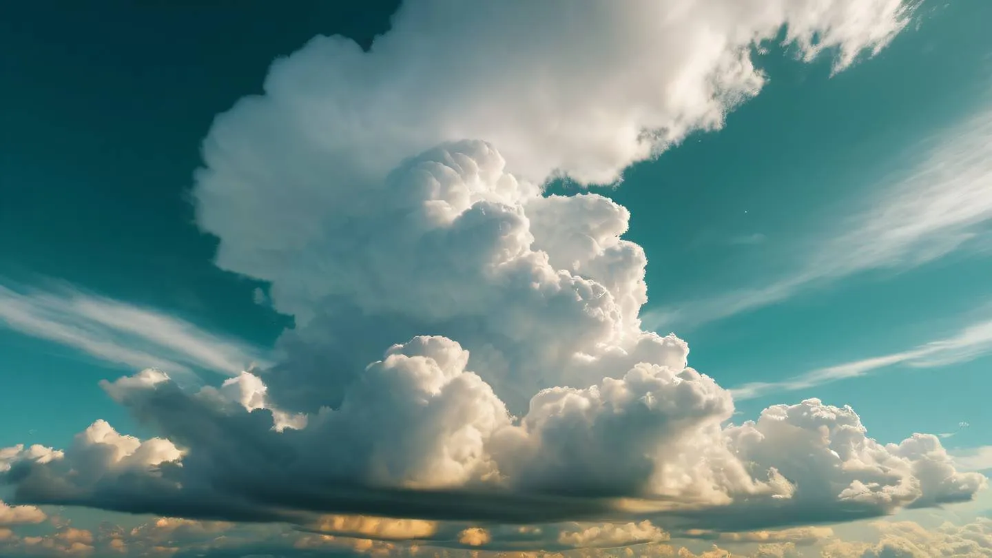 Abstract cloud formations in a dramatic sky formation photographed from a ground-up perspective. Bright white and golden clouds against deep emerald sky background. High-quality ultra-realistic cinematic 8K UHD high resolution sharp and detail