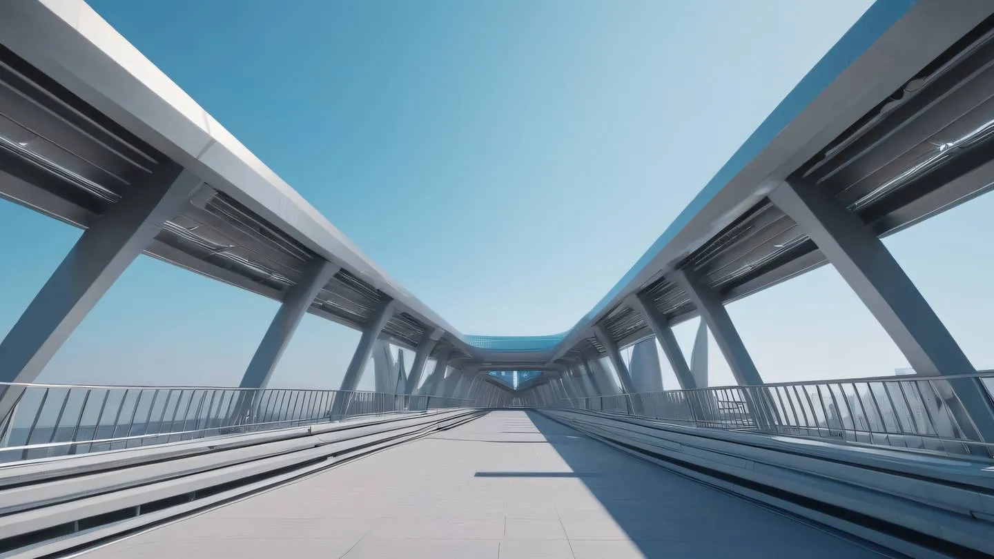 Modern minimalist architecture with interconnected geometric walkways and bridges featuring iridescent metallic surfaces reflecting sky shot from low angle perspective high-quality ultra-realistic cinematic 8K UHD high resolution sharp and detail