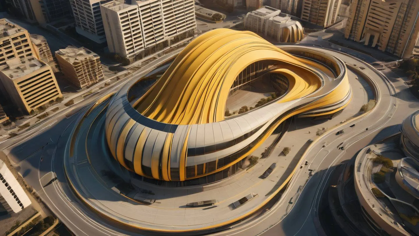 Abstract architectural composition with flowing lines and curves featuring butterscotch yellow and warm golden tones aerial view perspective concrete modern architecture high-quality ultra-realistic cinematic 8K UHD high resolution sharp and detail