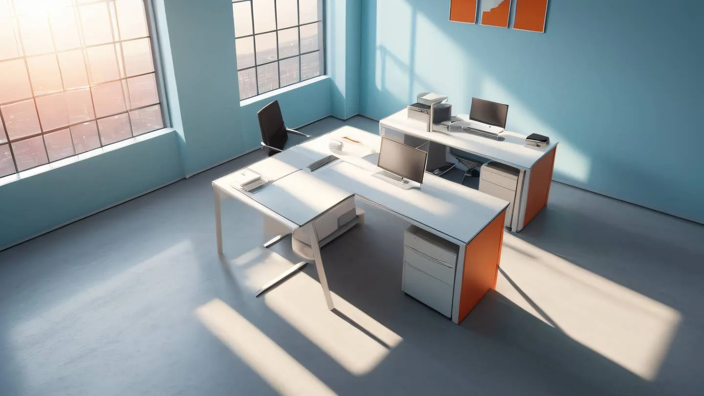 A serene modern minimalist office space with sunlight streaming through large windows casting geometric shadows on a clean desk surface. Dominant colors: baby blue walls with salmon-orange accents from the sunrise light. Shot from a high angle perspective looking down at a 45-degree angle. high-quality ultra-realistic cinematic 8K UHD high resolution sharp and detail