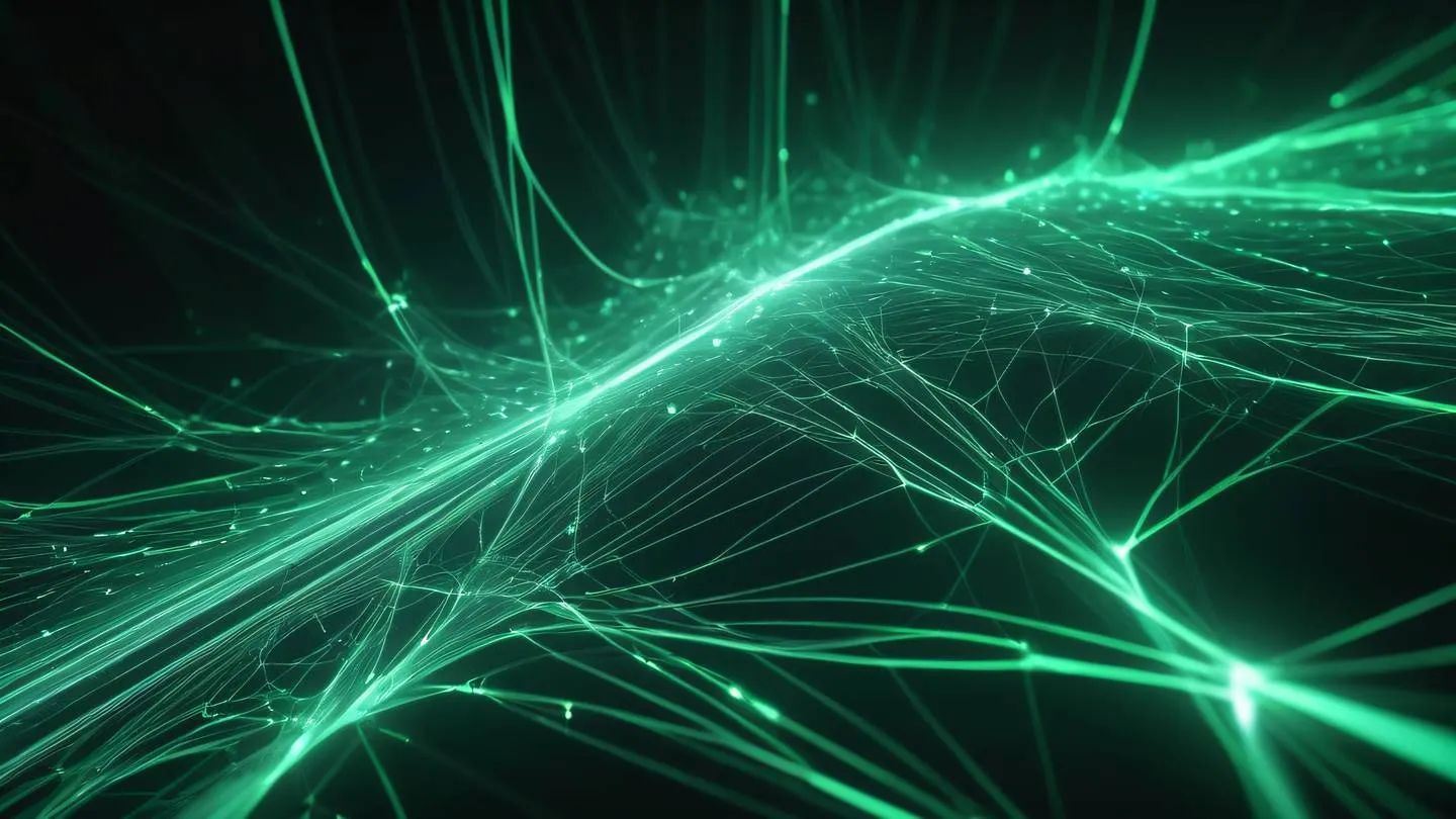 Abstract flowing data streams visualization with interconnected nodes and pathways. Colors: bright silver streams flowing through emerald green digital space. Camera angle: straight-on wide view capturing the expansive network. high-quality ultra-realistic cinematic 8K UHD high resolution sharp and detail