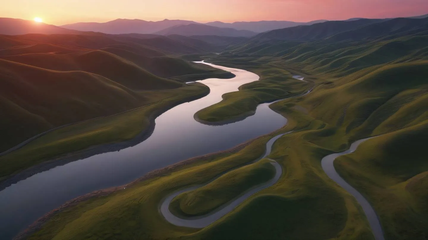 A peaceful landscape showing a winding river representing data flow through rolling hills. Colors: soft neutral tones with ruby red sunset sky reflecting in the water. Camera angle: aerial view showing the meandering path. high-quality ultra-realistic cinematic 8K UHD high resolution sharp and detail