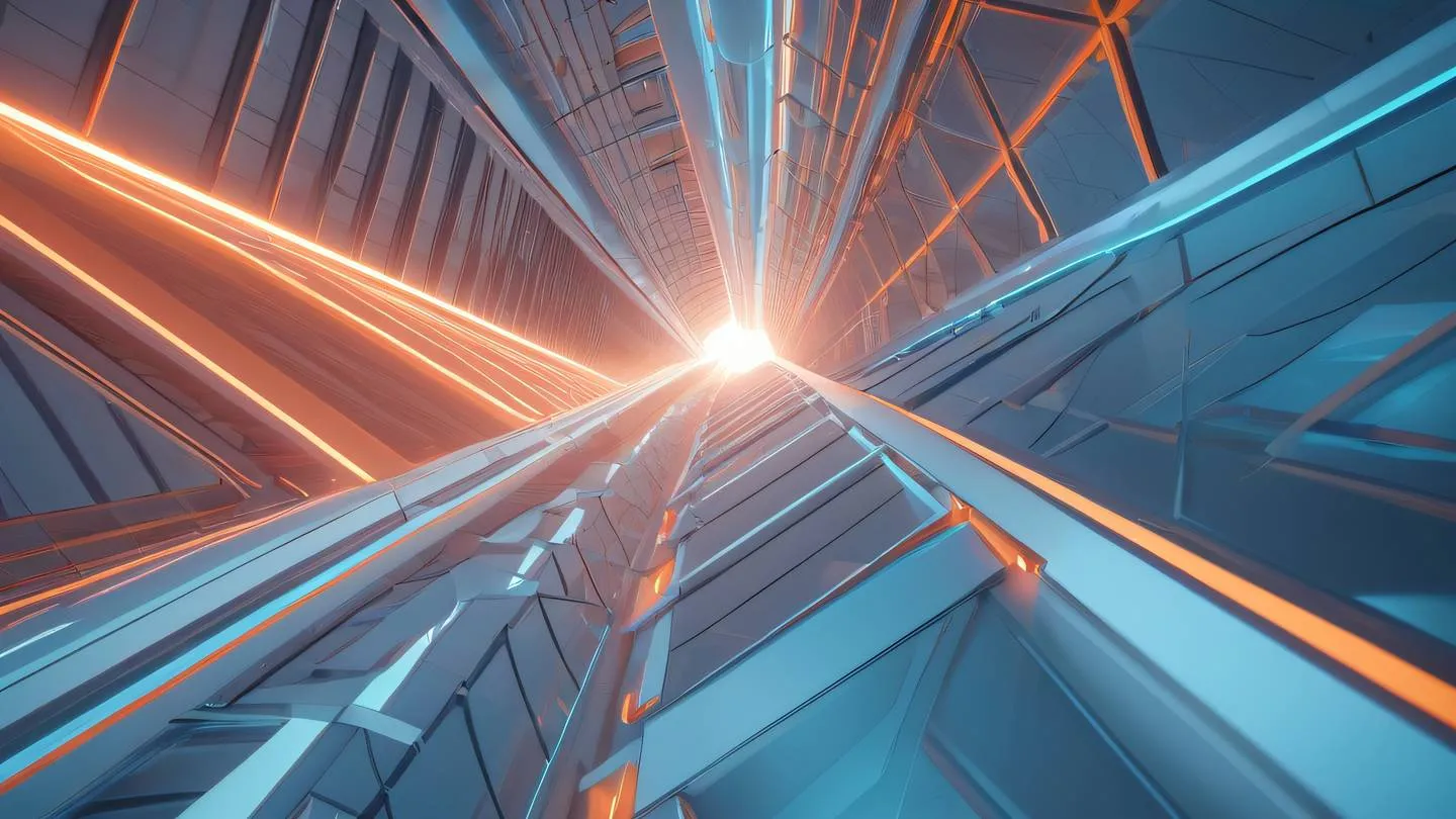 Abstract architectural visualization of interconnected geometric shapes representing API endpoints. Colors: bright baby blue structures with salmon-orange light beams connecting different points. Camera angle: dynamic diagonal view showing depth and dimension. high-quality ultra-realistic cinematic 8K UHD high resolution sharp and detail