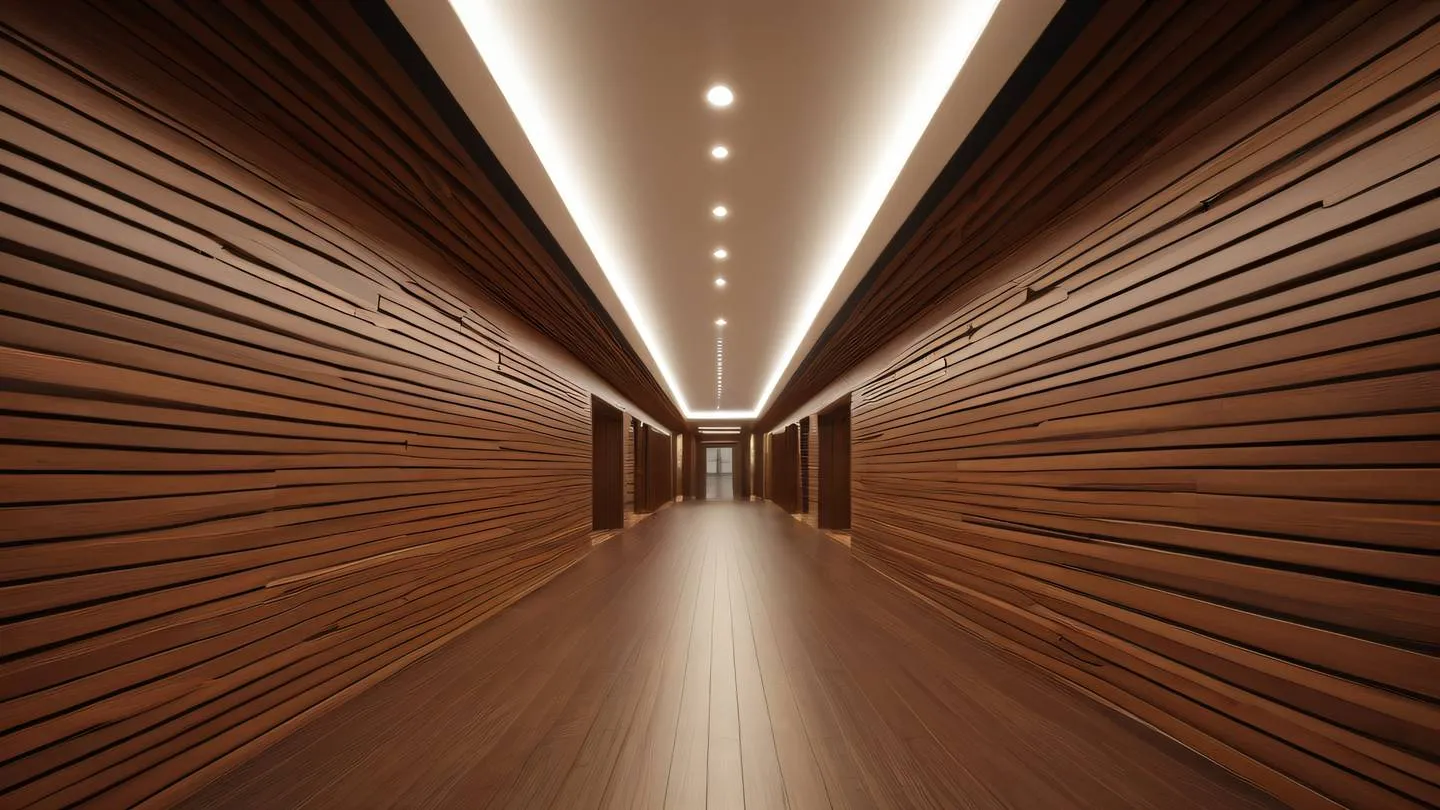 A modern abstract architectural hallway with converging lines and passages suggesting pathways and routing captured from a low angle perspective with dramatic lighting. Colors: Rich brown wooden textures transitioning to warm cream tones emphasizing natural materials and clean lines. Style: high-quality ultra-realistic cinematic 8K UHD high resolution sharp and detail