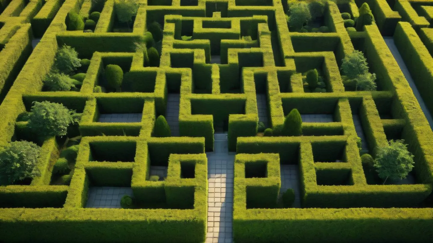 An elegant maze garden viewed from above with perfectly trimmed hedges forming organized pathways and patterns. Colors: Canary yellow grass paths contrasting with deep green hedges against off-black shadows captured during golden hour. Style: high-quality ultra-realistic cinematic 8K UHD high resolution sharp and detail