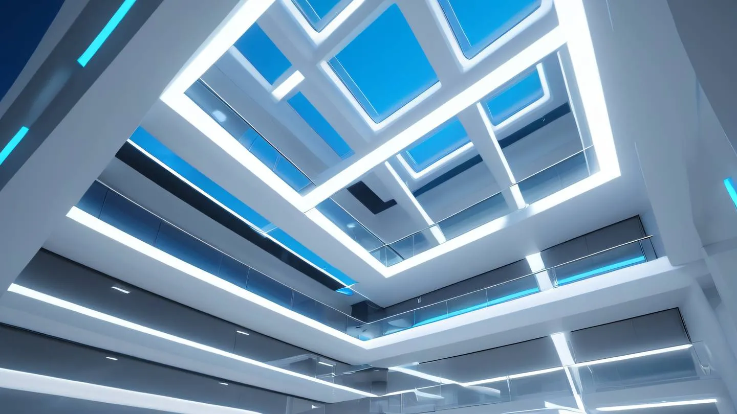 Futuristic minimalist architecture with floating geometric shapes featuring clean lines and glass surfaces dominated by bright white and electric blue neon accents shot from a low upward angle perspective high-quality ultra-realistic cinematic 8K UHD high resolution sharp and detail