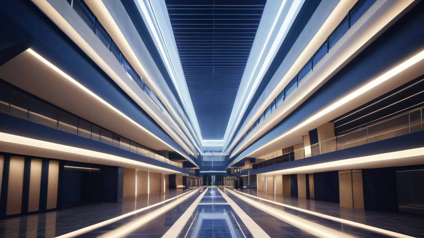 Sleek architectural interior with cascading light beams featuring warm white and navy blue color schemes straight lines and geometric patterns photographed from a wide-angle perspective high-quality ultra-realistic cinematic 8K UHD high resolution sharp and detail