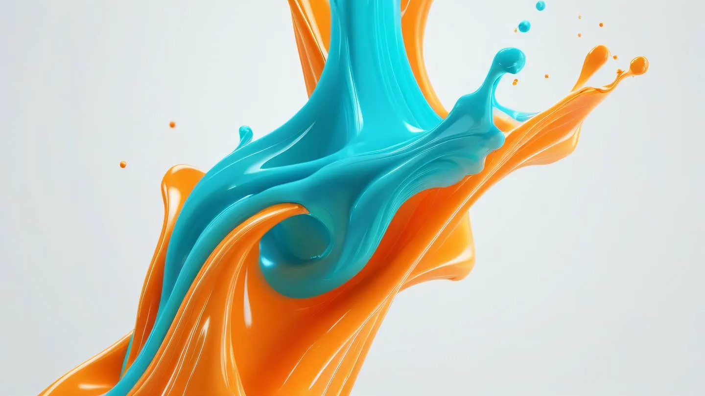 Organic abstract composition with flowing liquid elements vibrant neon orange and turquoise colors against a white background dynamic movement captured from a diagonal perspective high-quality ultra-realistic cinematic 8K UHD high resolution sharp and detail